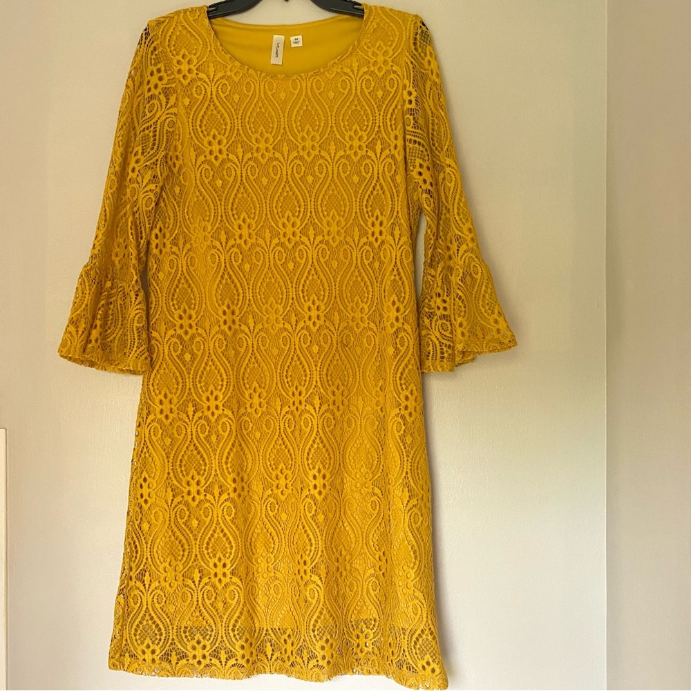 70s Crotchet Style Mustard Yellow Midi Shift Dress